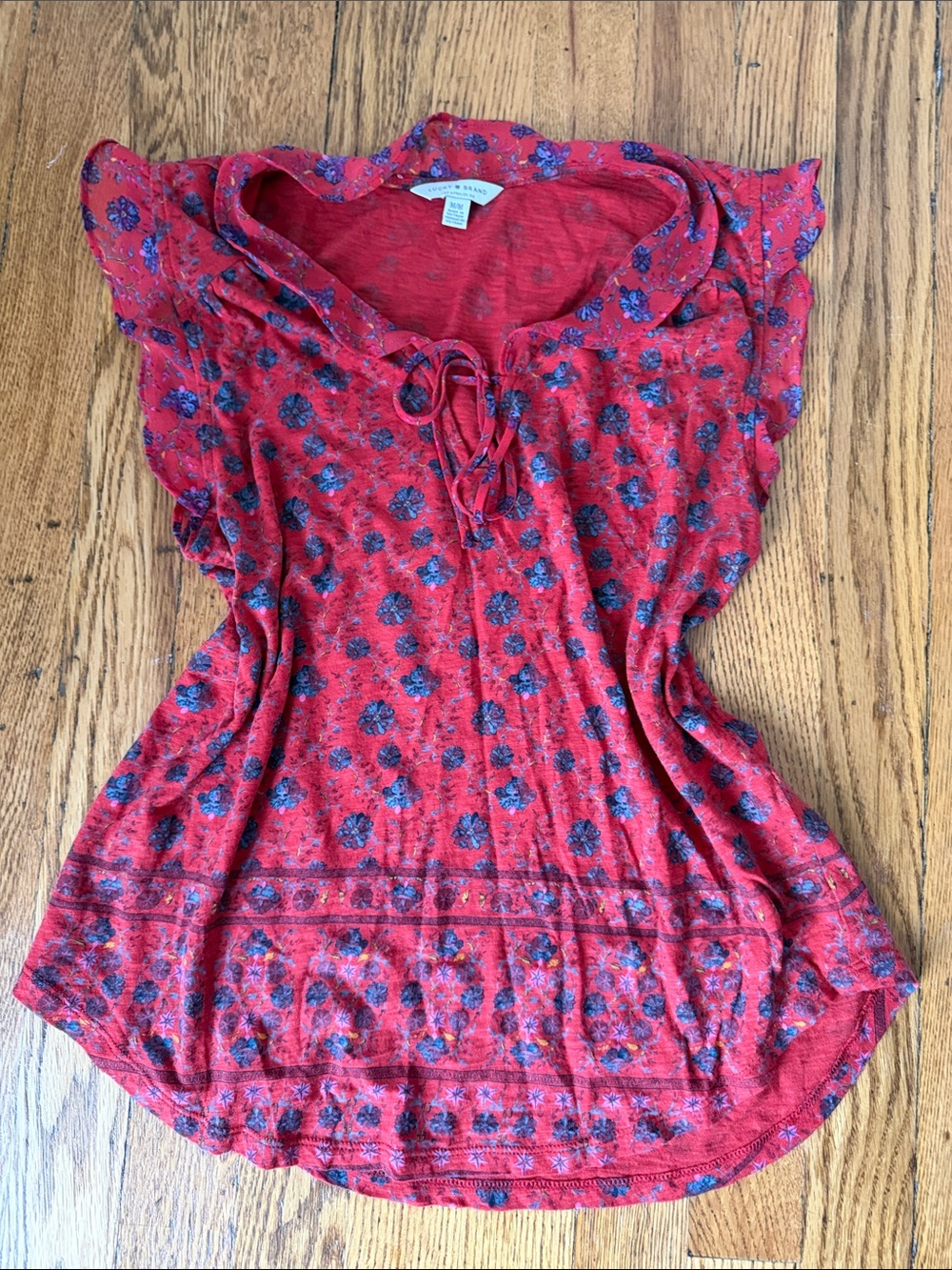 Lucky Brand Red Floral Tie-Neck Flutter Sleeve Tunic